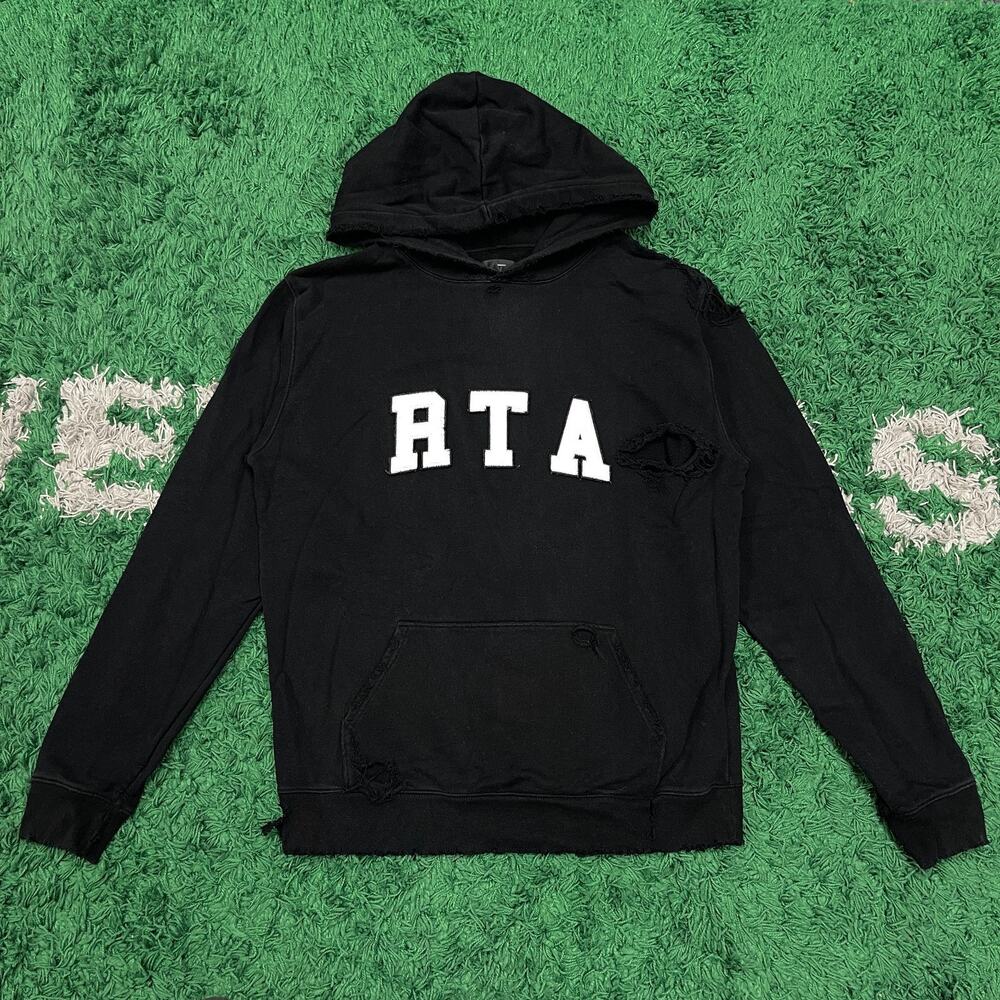 RTA MARKUS BLACK COLLEGIATE DISTRESSED HOODIE SWEATER SIZE LARGE L B13